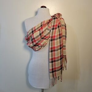 Women's Scarf: Light weight Plaid Long Wide Fringe in Browns and Red